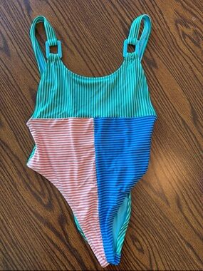 aerie Striped Colorblock One-Piece Swimsuit in Green, Pink & Blue